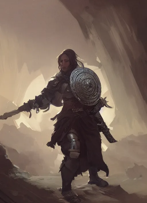 Image similar to portrait of character holding a paladin engraved longsword and carrying a big shield, concept art, by Greg Rutkowski