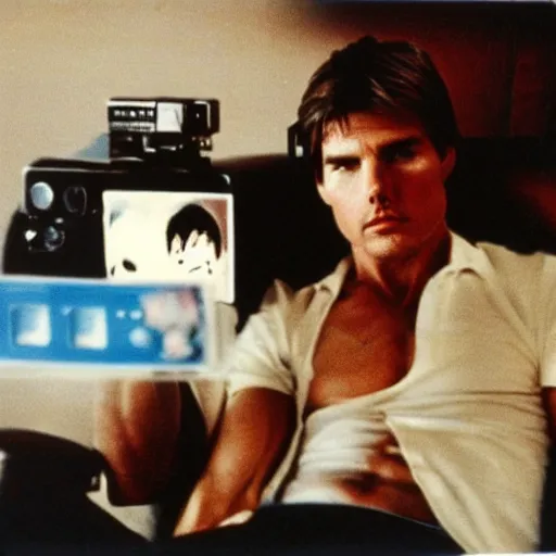 Prompt: Polaroid of Tom Cruise casually watching movies 1983