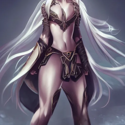 Image similar to a portrait of an attractive knight female anime character with long hair, shot of entire body, artgerm