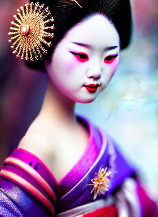 Image similar to Geisha extreme closeup photo portrait, beautiful makeup, pearlescent skin, elegant pose, highly detailed kimono, photorealism, artstation, different point of view, sharp focus, photorealistic, soft diffuse lights, canon 5D 50 mm lens, zen natural background, def of field