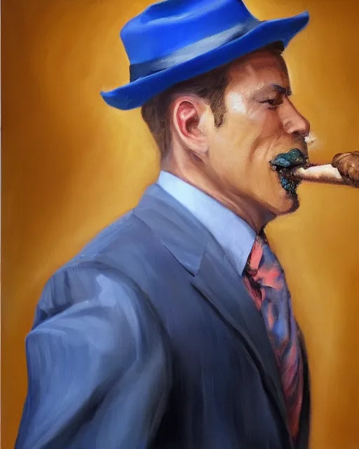 Image similar to Hyper realistic oil portrait of a man in his thirties smoking a cigar, dressed in a blue suit, by Mosh Art, trending on artstation