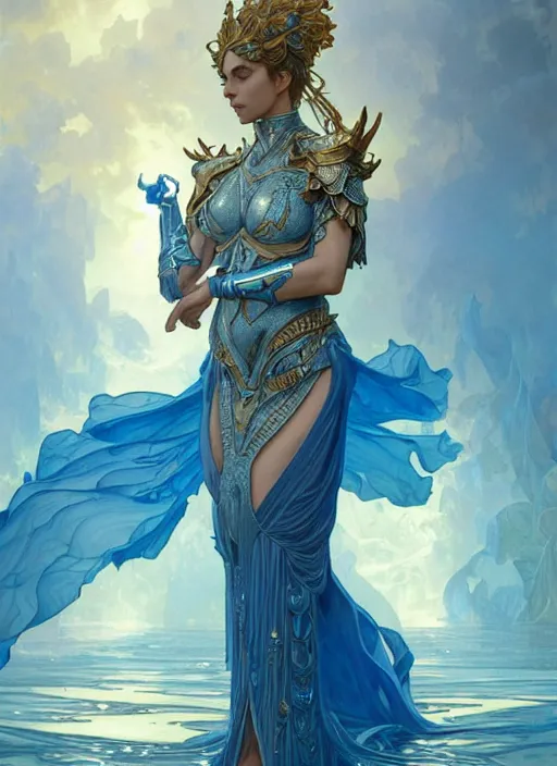 Image similar to a goddess of water wearing blue armor, with arms and hair turning into water, fantasy, intricate, elegant, highly detailed, digital painting, artstation, concept art, wallpaper, smooth, sharp focus, illustration, art by artgerm and greg rutkowski and alphonse mucha