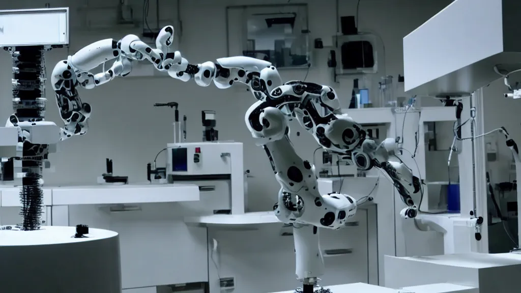 Image similar to a complex bifurcated robotic cnc surgical arm hybrid mri 3 d printer machine making black and white ceramic mutant forms in the laboratory inspection room, film still from the movie directed by denis villeneuve with art direction by salvador dali, wide lens