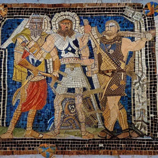 Prompt: beautiful roman mosaic of odin, thor and loki fighting jutonns in ragnarok, rome, 1 0 0 ad