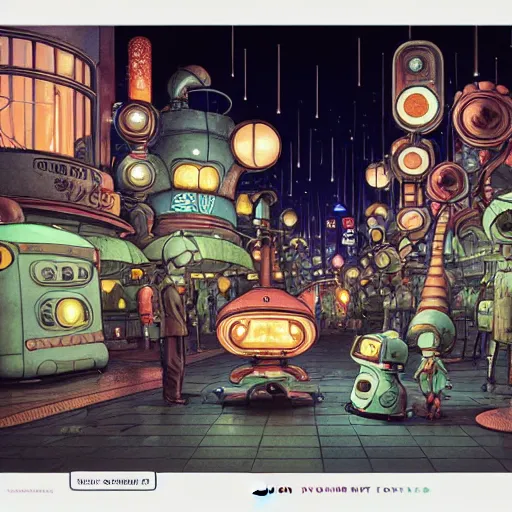 Image similar to fantasycore street view of 1950s machinarium tokyo at night by michael whelan and naomi okubo and dan mumford. cute 1950s robots. cel-shaded. glossy painting.