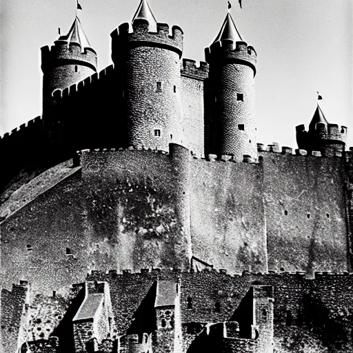 Image similar to a medieval castle on a hill, surrounded by renaissance era fortress walls, surrounded by barbed wire and trenches, black and white photography, 3 5 mm film