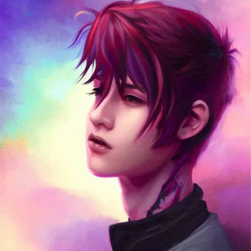 Image similar to colorful and festive captivating teenager boy with straight purple hair, purple eyes with red eye markers, slim body, wearing japanese combat clothes. rich vivid colors, ambient lighting, dynamic lighting, 4 k, atmospheric lighting, painted, intricate, highly detailed by charlie bowater