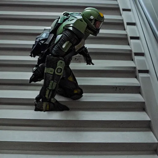 Image similar to master chief falling down a flight of stairs