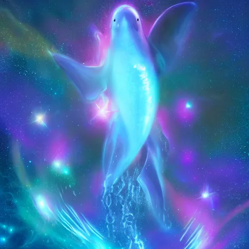 Image similar to digital illustion of a pod of majestic cosmic dolphins swimming through a nebula in space, deviantArt, artstation, artstation hq, hd, 4k resolution