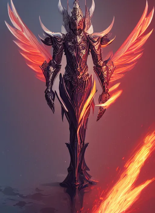 Image similar to a highly detailed illustration of sleek armored angel knight, dramatic imposing flaming aura pose, intricate, elegant, highly detailed, centered, digital painting, artstation, concept art, smooth, sharp focus, league of legends concept art, wlop.
