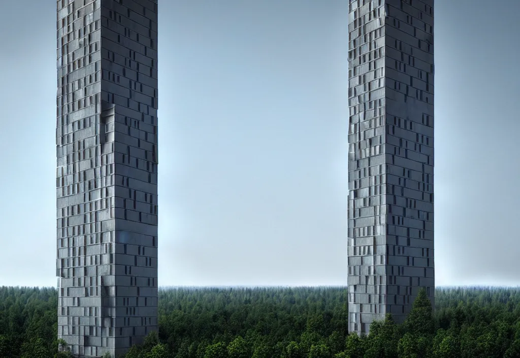 Image similar to a brutalism and constructivism modern concrete and metallic tower apartment building, Tundra forest of Sochi landscapes. Concept art