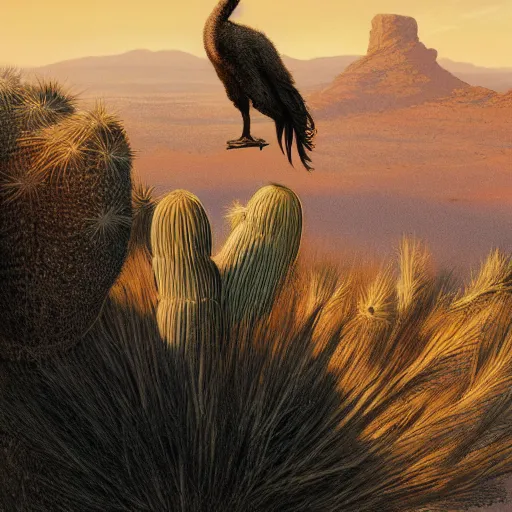 Prompt: A dodo bird perched atop a Saguaro cactus in the desert, full body, digital art, trending on Artstation, high detail, sharp focus, illustration, art by artgerm and greg rutkowski and alphonse mucha.