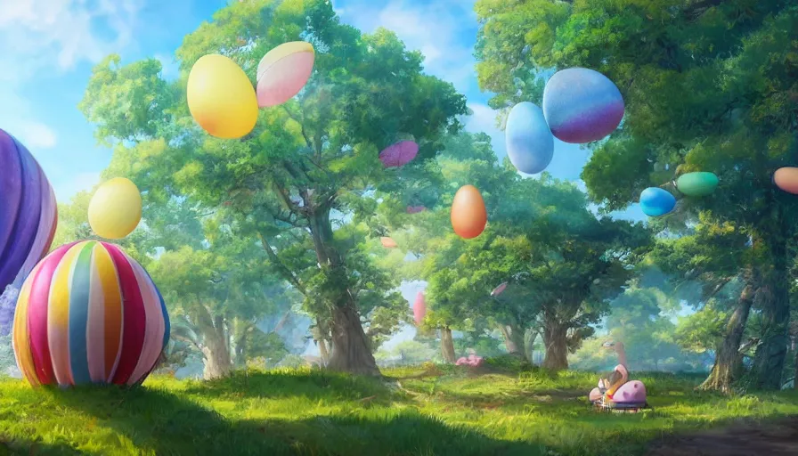 Prompt: a colorful easter egg as hot air balloon, beautiful ancient trees, hiding large treasure chest, serene evening atmosphere, soft lens, soft light, cel - shading, animation, in the style of cgsociety, deviantart, artstation, zbrush, cinema 4 d, studio ghibli, akihiko yoshida, atelier lulua, masamune shirow