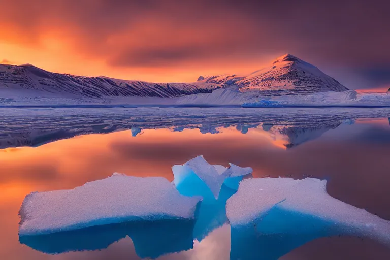 Image similar to landscape photography by marc adamus, glacial lake, jokulsarlon, sunset, lake