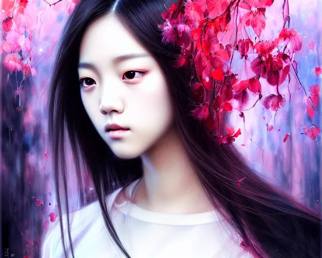 Image similar to jisoo from blackpink, portrait, highly detailed, deep focus, elegant, digital painting, smooth, sharp focus, illustration, ultra realistic, 8 k, art by karol bak and agnes cecile