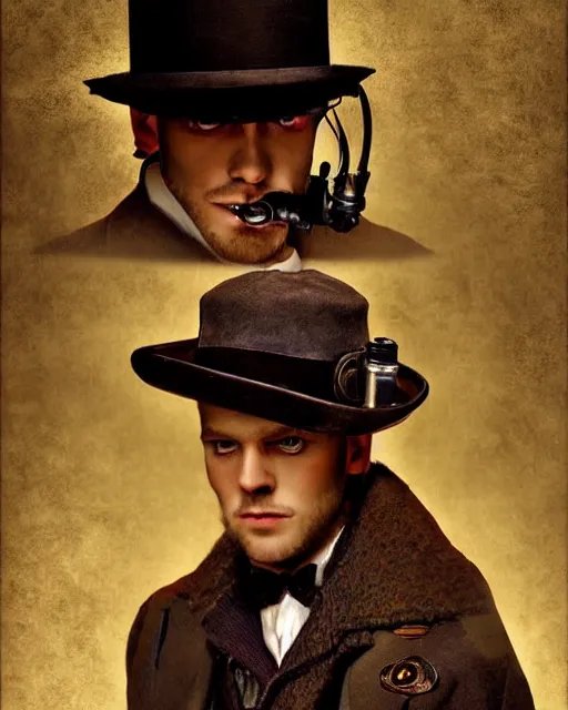 Prompt: steampunk male portrait, handsome, steampunk hat, detective coat, steampunk monocle, dramatic oil painting by robert lesser, pulp art, dramatic lighting, sharp focus, luminous,