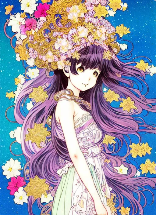 Image similar to exquisite imaginative manga poster art of a girl, long wavy hair, stars, flowers, rococo dress, shimmering, by kojima ayami, shigenori soejima, minaba hideo, alphonse mucha, jump comics, shogakukan, art nouveau, illustration, artstation, highly detailed, 8 k, colorful, maximalist