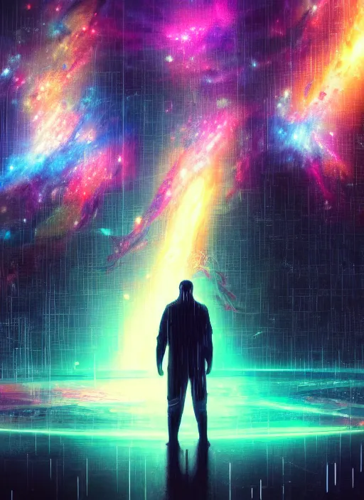 Prompt: one cyber godly person made of cosmic nebula galaxy energy watching a rainy colorful complex cyberpunk futuristic holographic city from behind at night through a window in a room, reflections, 8 k, photorealistic, concept art, wet, highly detailed, cinematic mood by ridley scott, ghost in the shell, trending on artstation, glowing and epic