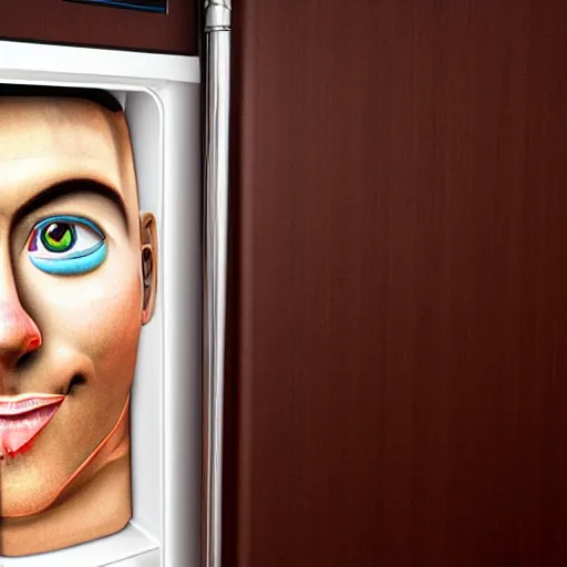 Prompt: a refrigerator with a 3D human face on it