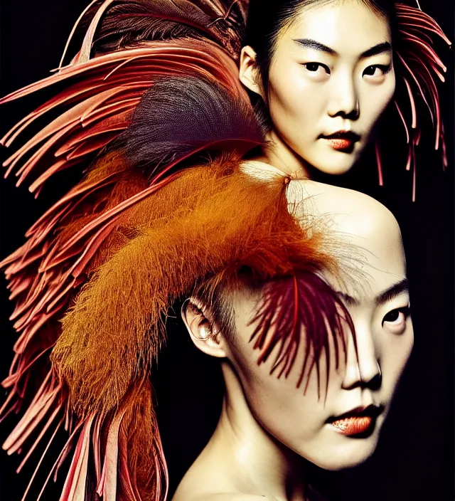 Image similar to photography american portrait of liu wen, natural background, sensual lighting, natural fragile pose, great _ hairstyle, wearing stunning dress with feathers by iris van herpen, with a colorfull makeup. highly detailed, skin grain detail, photography by paolo roversi, amano, nick knight, helmut newton, avedon, araki