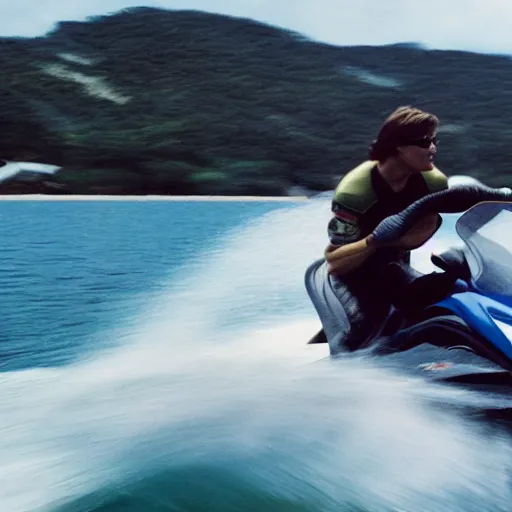 Prompt: photo of tom cruise riding jetski, cinestill, 800t, 35mm, full-HD