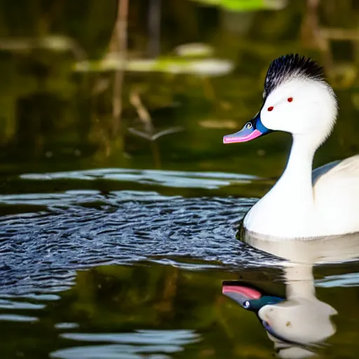 Prompt: a white crested duck in a pond at a part, realistic