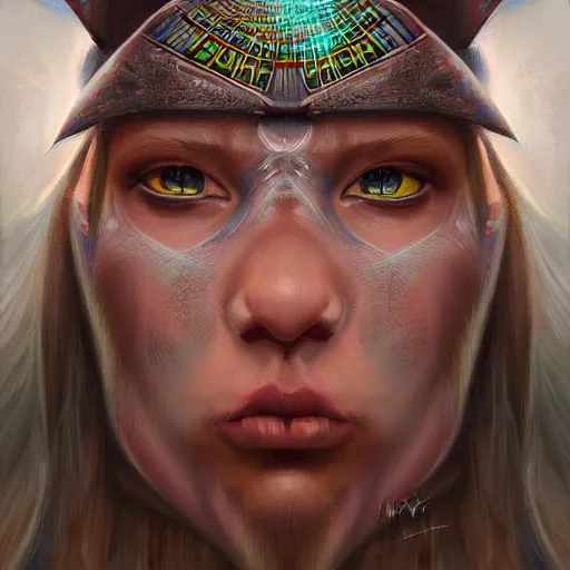 Prompt: portrait of a future tech shaman warrior by Mandy Jurgens, cartoon, oil painting, visionary art, symmetric, Magick symbols, holy halo, shipibo patterns
