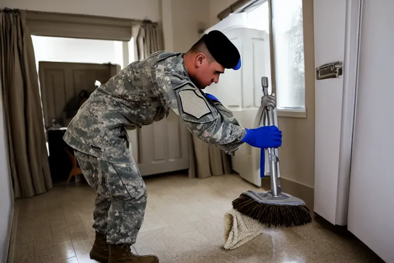 Prompt: a new yorker style cartoo of a soldier cleaning a room