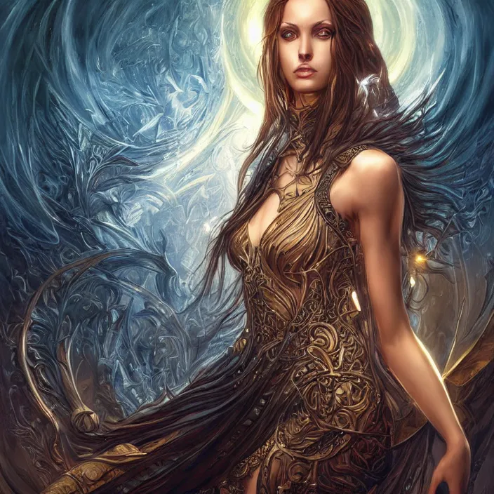 Image similar to a highly detailed symmetrical painting of a sorceress with piercing beautiful eyes, dark tomb setting, dynamic lighting, ambient lighting, deviantart, art by artgerm and karol bak and mark brooks