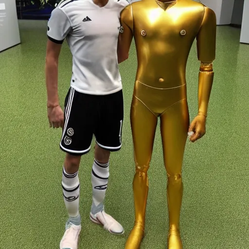 Image similar to a realistic detailed photo of a guy who is an attractive humanoid who is half robot and half humanoid, who is a male android, soccer players martin ødegaard & timo werner, shiny skin, posing like a statue, blank stare, in a museum, on display, showing off his muscles, gold soccer shorts, no jersey, collection of them, statue