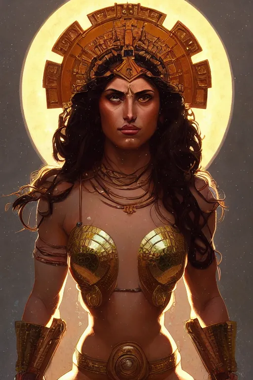 Image similar to pixel art of the Greek godess Hera looking angry, rusty armor, portrait, digital painting, artstation, concept art, beautiful face, symmetric face, cinematic, by Artgerm and Greg Rutkowski and Alphonse Mucha
