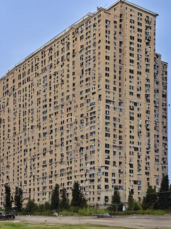 Image similar to soviet panel apartment building photo, extreme wide shot