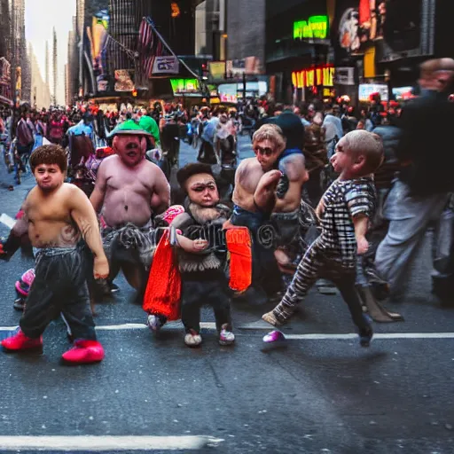 Prompt: portrait of a horde of midgets raiding the streets of new york city, sharp focus, 4 k editorial photograph, soft lighting, shallow depth of field, people out of focus