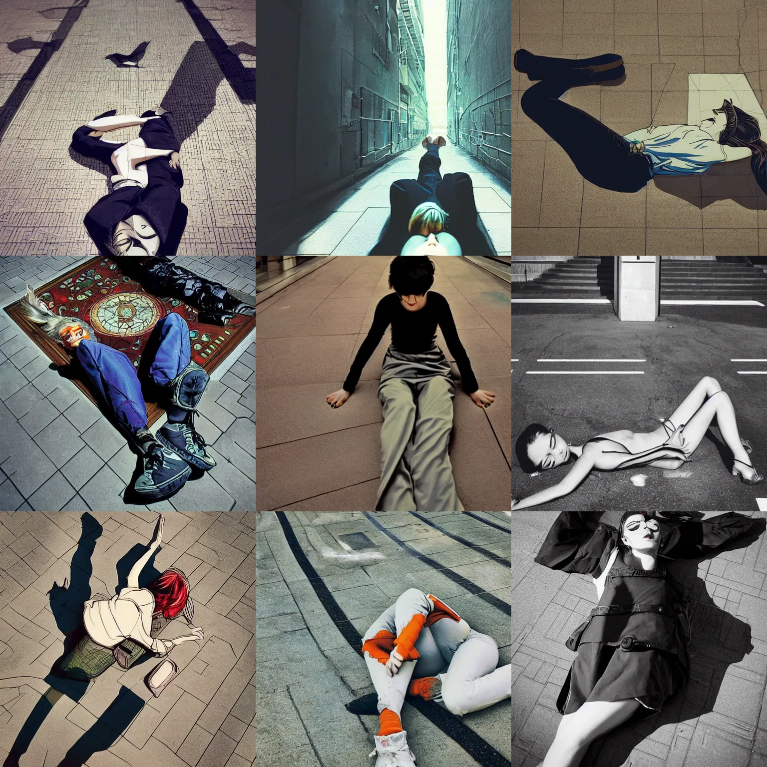 Prompt: beautiful bird perspective, lying on ground pose full body portrait photo in style of 1990s frontiers in retrofuturism tokyo seinen manga shri yantra street photography fashion wachowski edition, highly detailed, focus on pursed lips, eye contact, soft lighting
