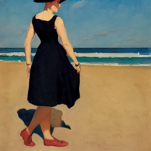 Image similar to woman in black dress on the beach, leyendecker style,