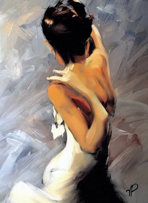 Image similar to sensual tango dancer girl in white dress, painting by phil hale, fransico goya,'action lines '!!!, graphic style, visible brushstrokes, motion blur, blurry, visible paint texture, crisp hd image