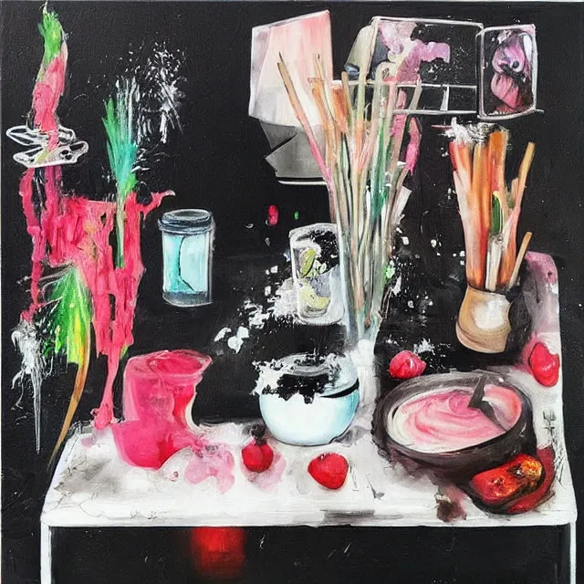 Image similar to “ a portrait in a female art student ’ s apartment, sensual, a pig theme, art supplies, paint tubes, ikebana, herbs, a candle dripping white wax, black walls, squashed berries, berry juice drips, acrylic and spray paint and oilstick on canvas, surrealism, neoexpressionism ”