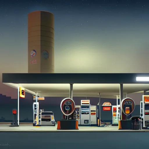 Prompt: a gas station at night by emiliano ponzi, george ault, featured on polycount, bauhaus, concept art, matte drawing, reimagined by industrial light and magic