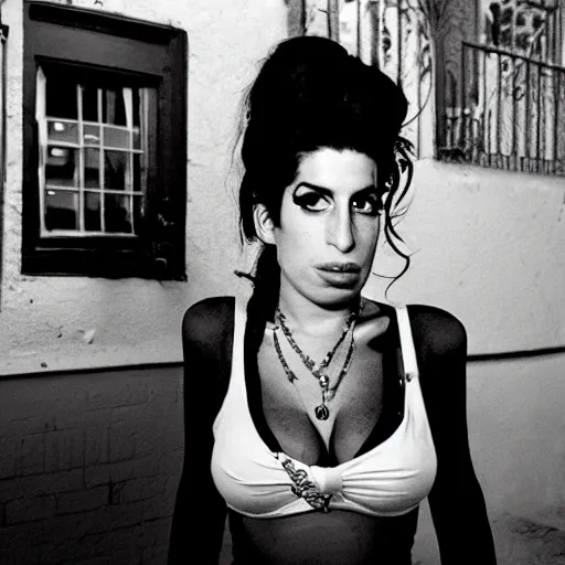 Prompt: amy winehouse in front of club 2 7 at night,