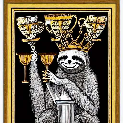 Prompt: sloth as the king of cups, framed, intricate details, medieval art style, high contrast, posterized