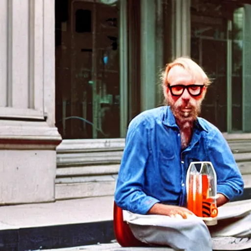 Image similar to hugh hopper on a street corner eating an orange and sipping diet pepsi