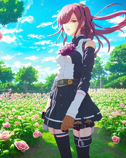 Image similar to cyborg girl in solarpunk rose garden, contemplation, anime epic artwork, kyoto animation, key visual, 4 k, ultra fine detail