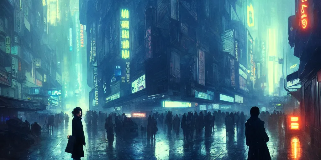 Prompt: 2 0 1 8 blade runner movie still jamie chung look at the cityscape from roof matrix perfect face fine realistic face pretty face neon puffy jacket blue futuristic sci - fi elegant by denis villeneuve tom anders zorn hans dragan bibin thoma greg rutkowski ismail inceoglu illustrated sand storm alphonse mucha