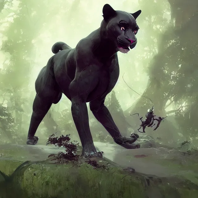 Image similar to a beautiful painting of a cute humanoid dark gray panther. green and black hair. disney character design by cory loftis, fenghua zhong, ryohei hase, ismail inceoglu and ruan jia. artstation, volumetric light, detailed, photorealistic, rendered in octane