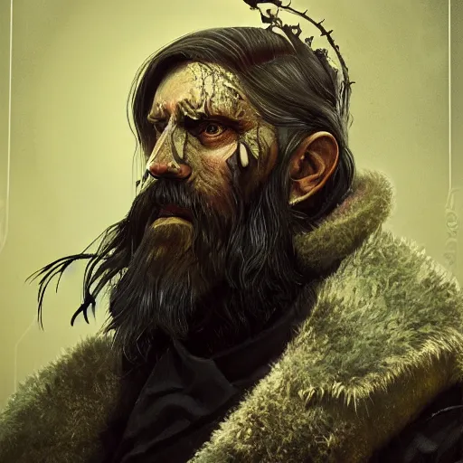 Image similar to grigori rasputin portrait, dystopia core, apocalyptic, armor, warrior, dramatic, sharp focus, fiction, neon, fantasy, hyper detailed, digital art, trending in artstation, cinematic lighting, studio quality, smooth render, unreal engine 5 rendered, octane rendered, art style and nixeu and wlop and krenz cushart