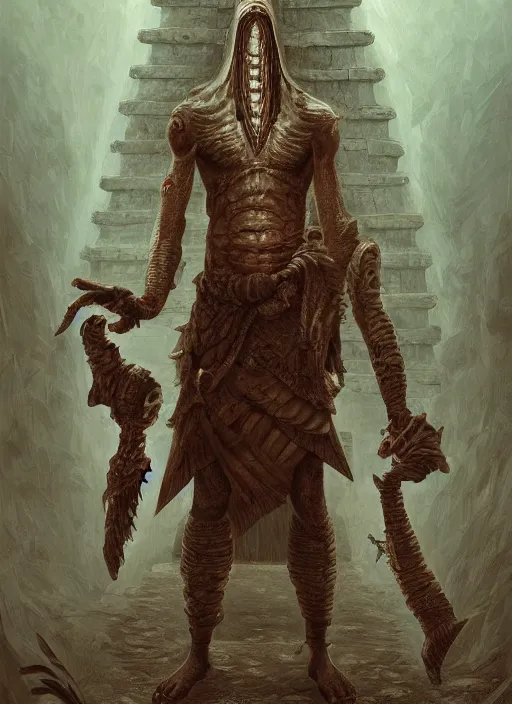 Image similar to digital _ painting _ of _ pyramid head mayan god of death _ by _ filipe _ pagliuso _ and _ justin _ gerard _ symmetric _ fantasy _ highly _ detailed _ realistic _ intricate _ port