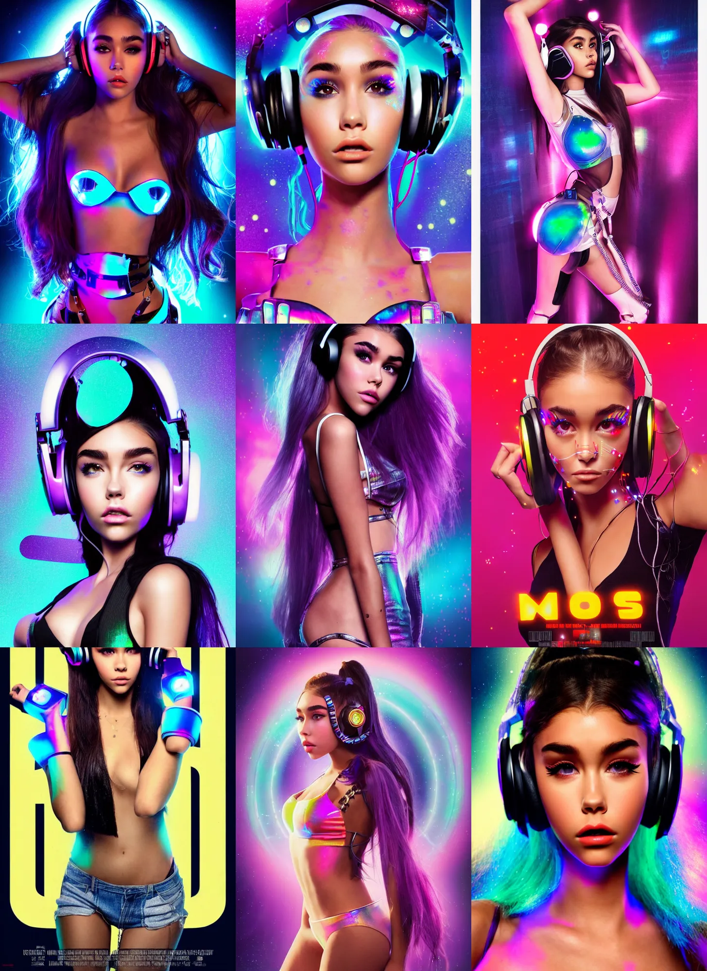 Prompt: BOTS movie poster :: body portrait fashion pose of madison beer :: as a pearlescent iridescent college teen cyborg on a crowded packed nyc sidewalk :: high-fashion photoshoot, hair worn up, elaborate earrings, headphones, cute rave outfit, :: morning, trending on artstation, cinematic lighting, anime girl, ue5, sci-fi, :: rossdraws, nixri, Greg rutkowski, ::