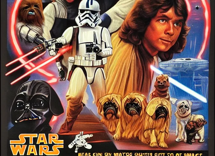 Prompt: vintage 1 9 7 7 star wars episode iv a new hope movie poster, with pugs instead of people