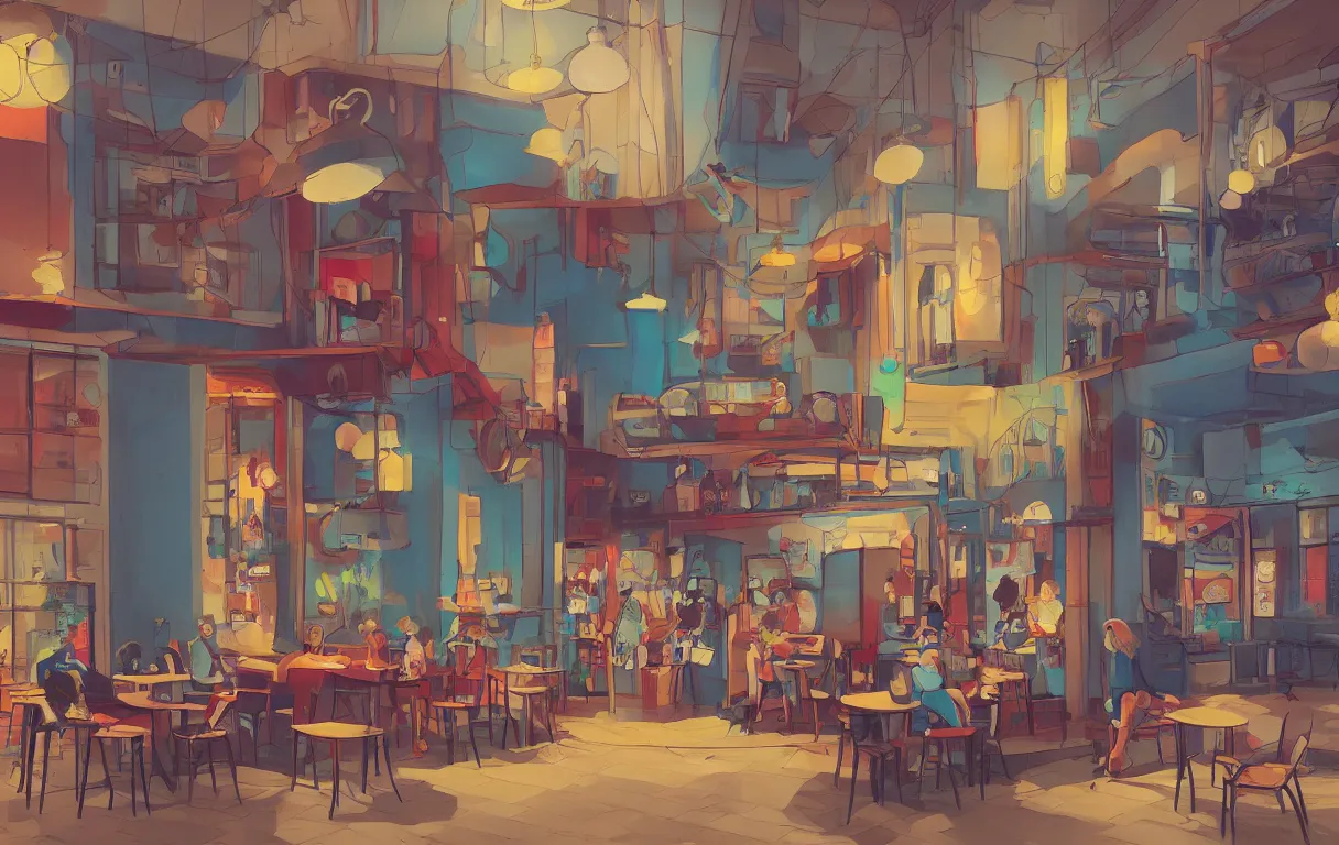 Prompt: a coffee shop by Kirokaze, bright colors, trending on artstation