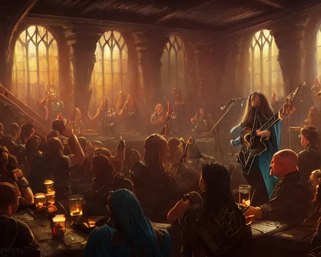 Prompt: photography of blind guardian playing a tavern concert, 8 k, deep focus, d & d, fantasy, intricate, elegant, highly detailed, digital painting, artstation, concept art, matte, sharp focus, illustration, hearthstone, art by artgerm and greg rutkowski and alphonse mucha